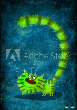 Green Smiling Kitten on the Blue Background
