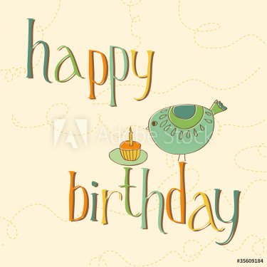 Greeting Birthday Card with Cute Bird and cake with candle
