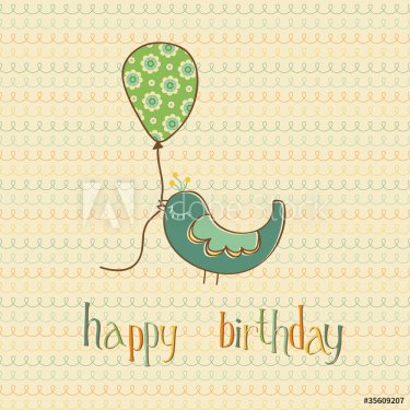 Greeting Birthday Card with Cute Bird holding Balloon - in vecto - 900600956