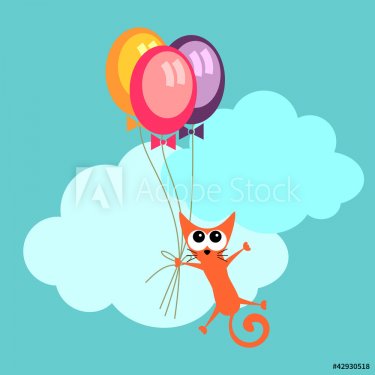 Greeting card cute cat holding balloons