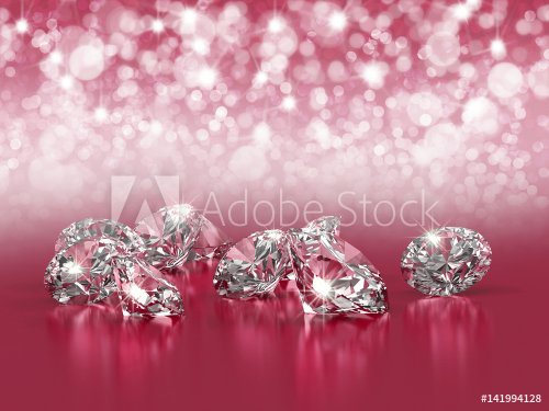 Group of diamonds placed on pink background with light bokeh, 3D illustration.