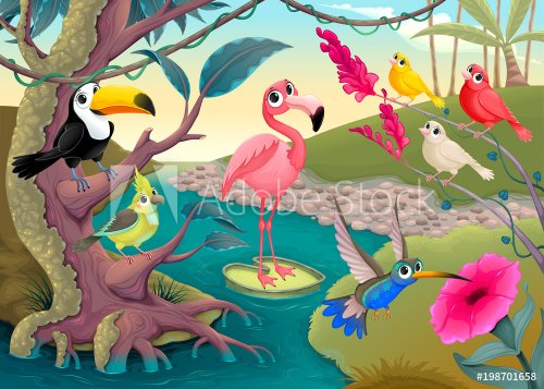 Group of funny tropical birds in the jungle - 901151773