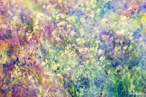 grunge colorful watercolor splatter and small blooming flowers - 901143035