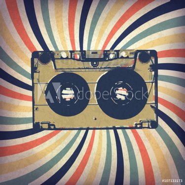 Grunge music background. Audio cassette illustration on rays - 901148102