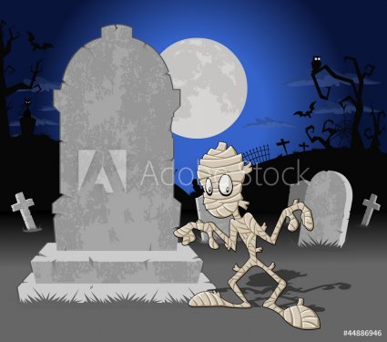 Halloween cemetery background with tombs and funny cartoon mummy