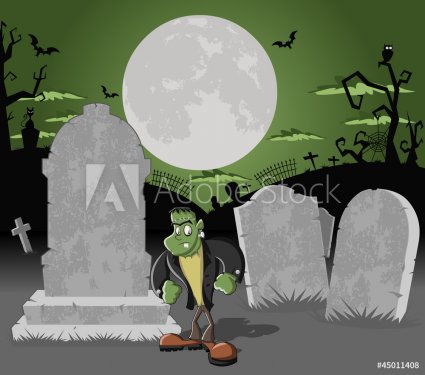 Halloween cemetery with tombs and funny cartoon frankenstein