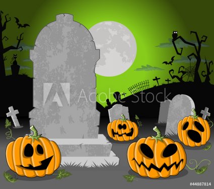 Halloween cemetery with tombs and funny cartoon pumpkins
