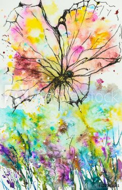 Hand drawing abstract butterfly, created with ink and watercolor. 