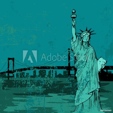 Hand drawn Liberty statue and bridge - vector - 901147227