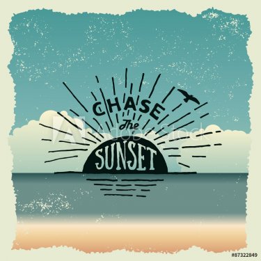 hand drawn typography poster with sun and flying bird. chase the