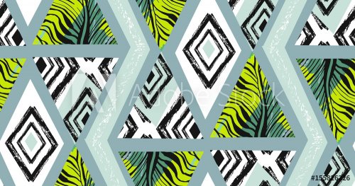 Hand drawn vector abstract freehand textured seamless tropical pattern collag... - 901152357