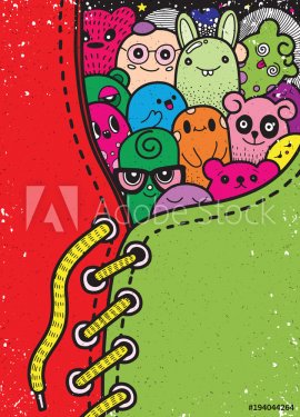 Hand Drawn Vector Illustration of doodle cute monster group hiding in sneakers