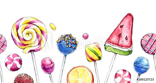 Hand drawn watercolor illustration of colorful sweets isolated on white background. Seamless border.