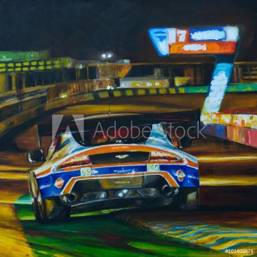 Hand painted picture of racing car driving at night with high speed in circuit. Illustration created with acrylic