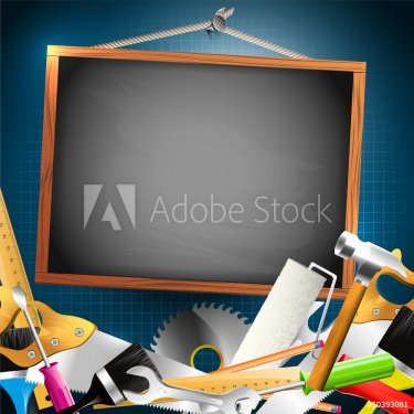 Hand tools and empty chalkboard - Carpentry background - 901139029