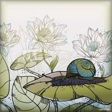 hand-drawn background with  a snail and waterlilies - 900511192