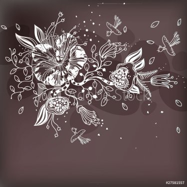 hand-drawn background with  plants and birds - 900511255