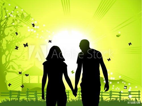 Happy couple walks on nature, sunset