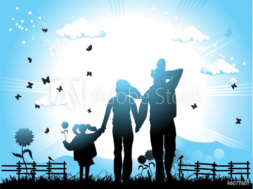 Happy family walks on nature, sunset - 900459435