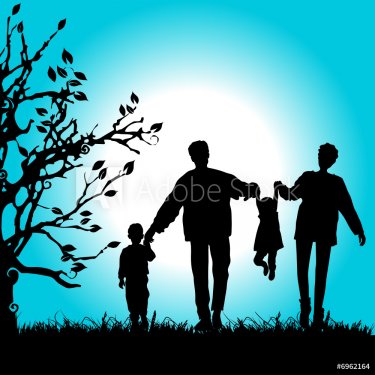 Happy family walks on nature, sunset - 900459439