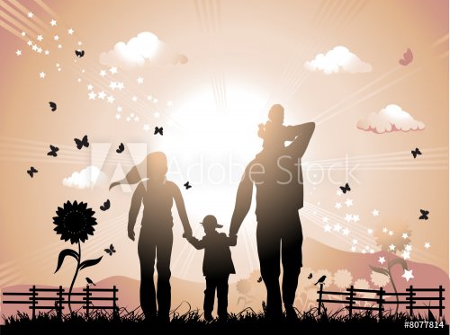 Happy family walks on nature, sunset - 900459952