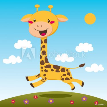 Happy giraffe jumping and running on flower field