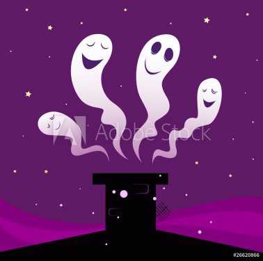 Happy Halloween ghosts flying around black chimney. VECTOR