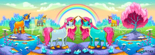 Happy unicorns in a landscape of dreams - 901154653