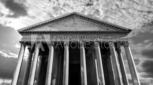 High contrast black and white of the ancient Roman Pantheon in Rome, Italy