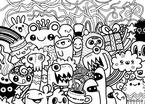 Hipster Hand drawn Crazy doodle Monster group,drawing style.Vector illustration