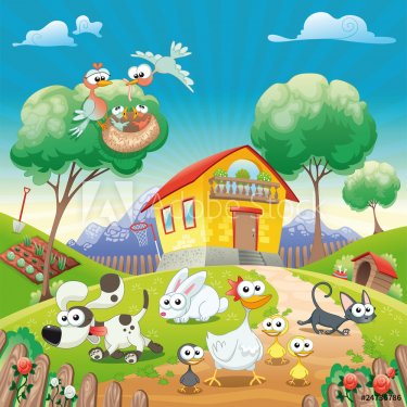 Home with Animals. Cartoon and vector illustration. - 900454617