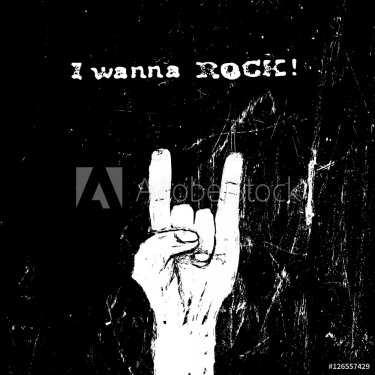 Horn gesture and I wanna ROCK! text. Rockstar concept. VEctor