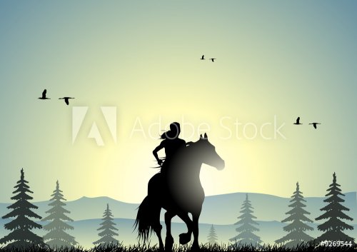 Horseman and horse at sunset in a forest