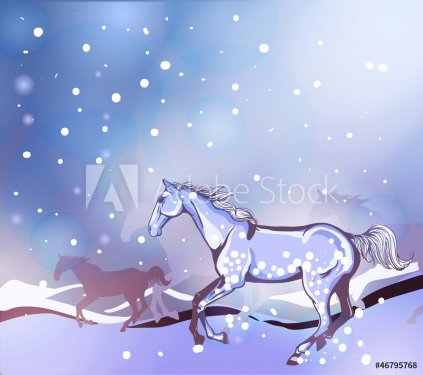 Horses running in winter field