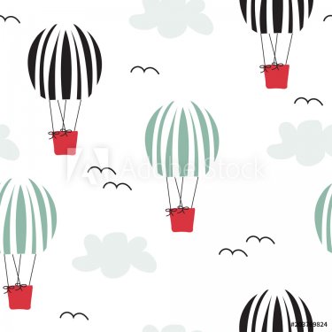 Hot air balloons fly in the sky seamless pattern. Vector hand drawn illustration.