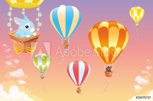 Hot air balloons in the sky with bunny. Cartoon and vector scene - 900455828
