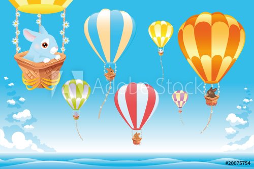 Hot air balloons on the sea with bunny. Cartoon and vector scene