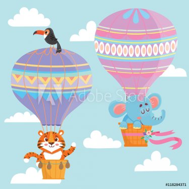 Hot air balloons with animals. Elephant and tiger Vector illustration - 901149812