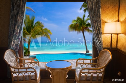 Hotel room and tropical landscape - 901145587