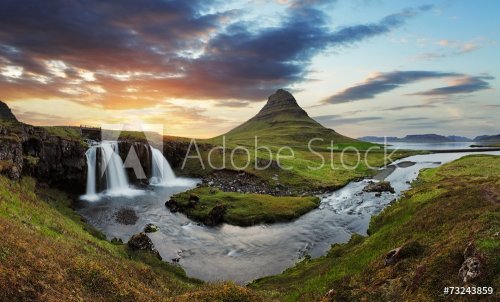 Iceland landscape with volcano and waterfall - 901144623