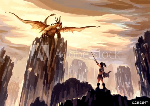 illustration digital painting dragon hunting - 901149449