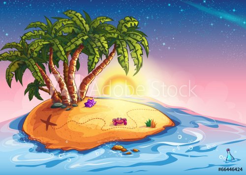 Illustration island with palm trees and treasure in the ocean