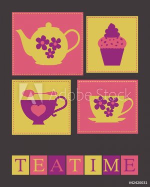 Illustration of cute teacups, teapot and a cupcake.