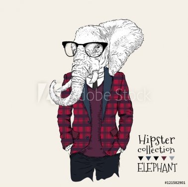 Illustration of elephant hipster dressed up in jacket, pants and sweater. Vec... - 901154503