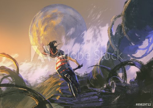 illustration painting of cyclist riding a mountain bike climbing on the rocky peak