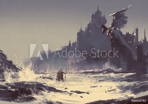 illustration painting of king walking through sea beach next to fantasy castl... - 901153865