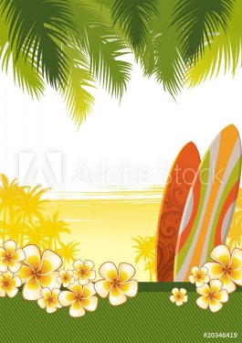Illustration with surfboards and tropical landscape