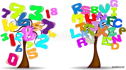 Illustrazione con simpatici alberi con numeri e lettere