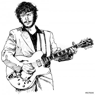 ink drawing vector illustration of a guitar player - 900464083