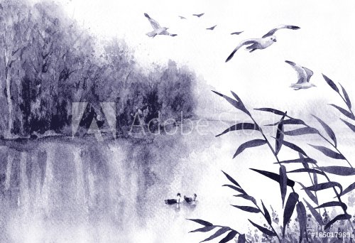 Ink Landscape with Birds and Reeds - 901153805